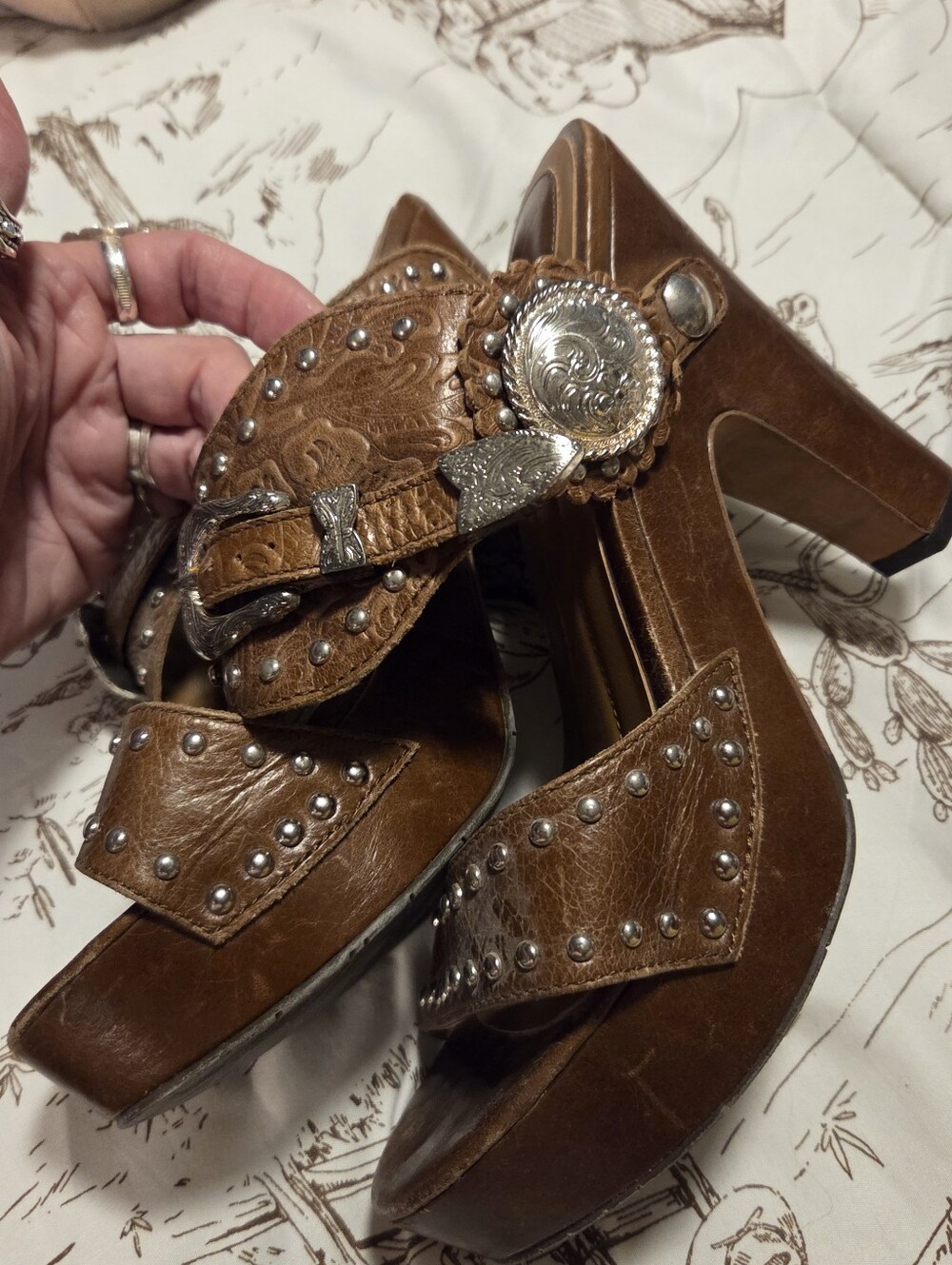 Brown Studded Leather Western Style Sandals with Silver Concho Detail